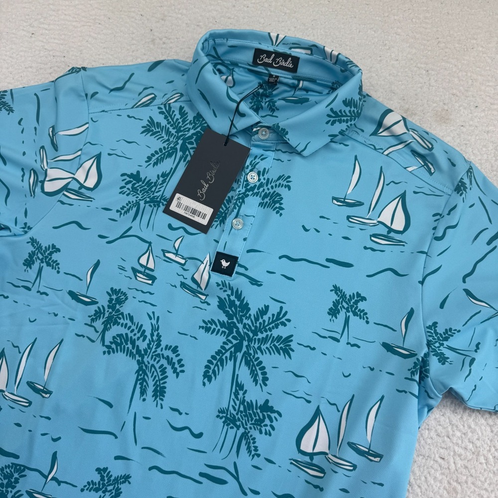 NWT Bad Birdie Castaway Golf Polo Mens Small Blue Sailboats Tropical Performance